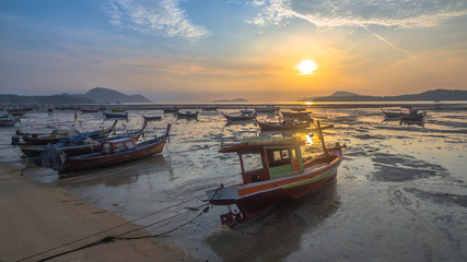 aerial view fishing boats during sunrise time 