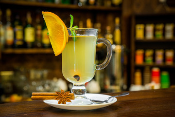 mulled wine with white wine in the glass on the bar