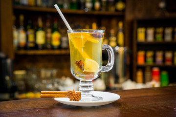 mulled wine with white wine in the glass on the bar