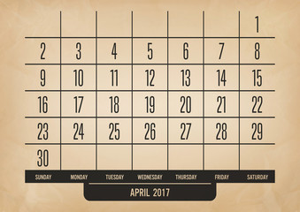 april calendar 2017 with old brown paper texture