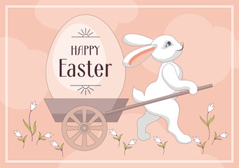 Happy Easter greeting card. The image of Easter eggs and white rabbits on a pink background. Vector illustration.