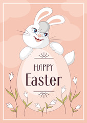 Happy Easter greeting card. The image of Easter eggs and white rabbits on a pink background. Vector illustration.