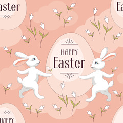 Happy Easter seamless pattern. The image of Easter eggs and white rabbits on a pink background. Vector illustration.