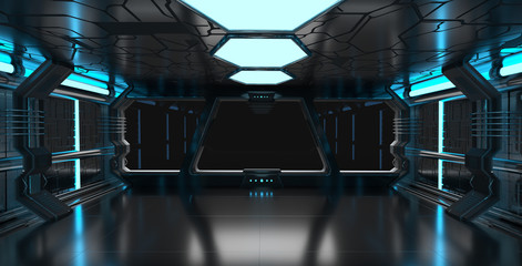 Spaceship blue interior with empty window 3D rendering elements