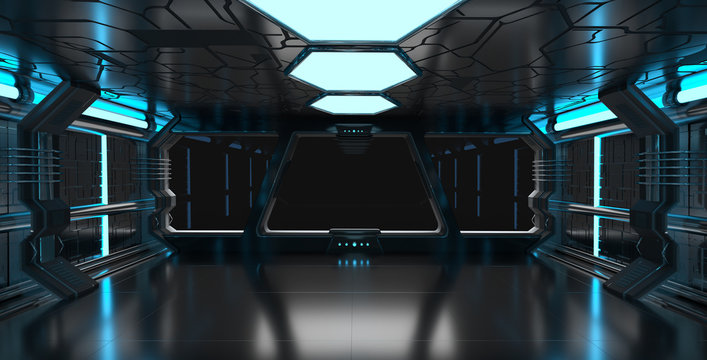 Spaceship blue interior with empty window 3D rendering elements