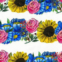 Seamless pattern with blue yellow and pink flowers
