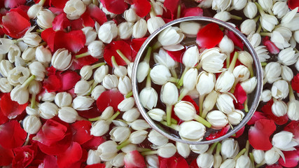 Jasmine and roses in silver bowl ,Songkran festival in Thailand.
