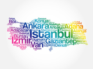 List of cities in Turkey word cloud map, concept background