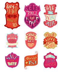 Vector set of handwritten love lettering in badges.