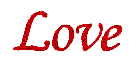 Red rose flower set in word LOVE isolated on white.
