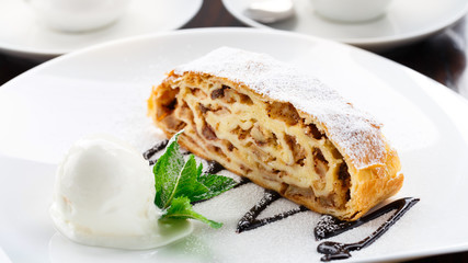 Apple strudel with vanilla ice cream
