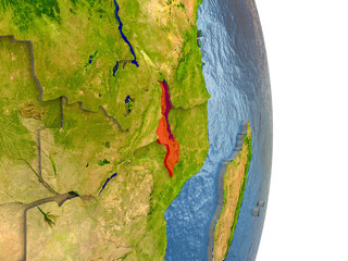 Malawi in red on Earth