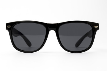 Chic sunglasses with black plastic frame isolated on white background, front view
