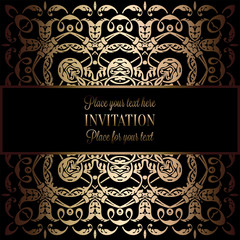 Abstract background with antique, luxury black and gold vintage frame, victorian banner, damask floral wallpaper ornaments, invitation card, baroque style booklet, fashion pattern, template for design