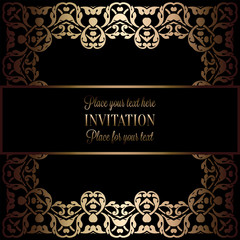 Vintage gold invitation or wedding card on black background, divider, header, ornamental square lacy vector frame