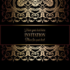 Vintage gold invitation or wedding card on black background, divider, header, ornamental lacy vector frame