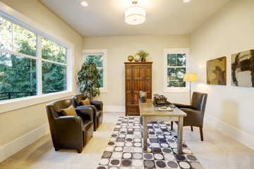 Home office interior in natural colors with retro details