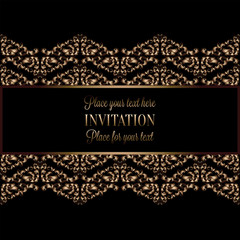 Vintage gold invitation or wedding card on black background, divider, header, ornamental lacy vector frame