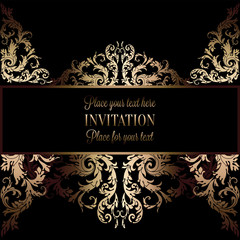 Vintage gold invitation or wedding card on black background, divider, header, ornamental lacy vector frame