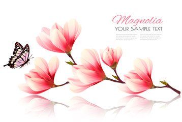 Naklejka premium Beautiful pink magnolia background with butterfly. Vector.