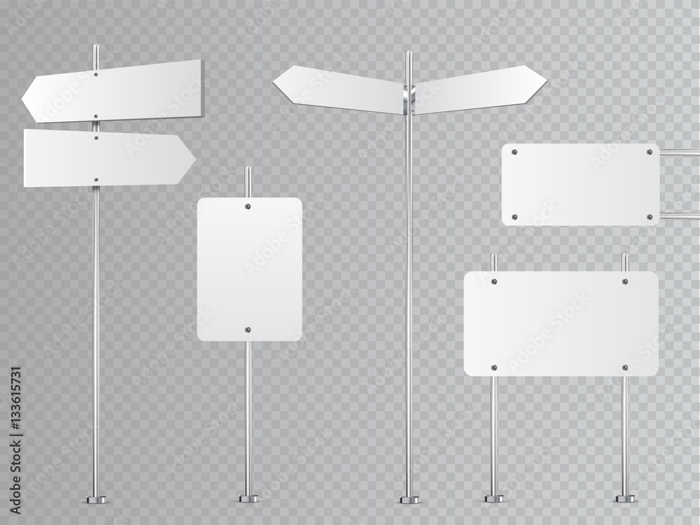 Poster set of blank vector road signs isolated on transparent background.