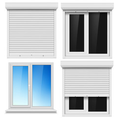 Set of PVC windows and metal roller blind isolated on white back