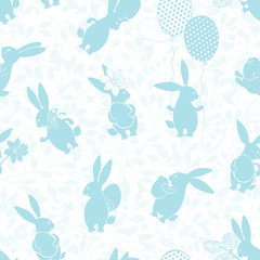 Seamless vector pattern with Easter bunnies on a floral background. Vector festive background with blue pastel colors.