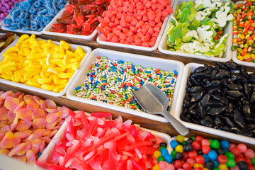 Big variety of colored sweets at the Christmas Market