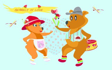 Funny bear couple in cartoon style on Valentine's day with a present box, flowers and background with a big heart full of strawberries  