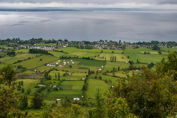 Ranco lake and its green surroundings from the Piedra Mesa viewpoint, Chile