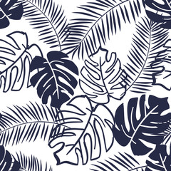 Palm and monstera leaves silhouettes background. Vector seamless pattern with tropical plants. Jungle foliage illustration. Black and white.
