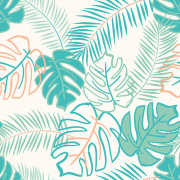 Palm and monstera leaves on the white background. Vector seamless pattern with tropical plants. Jungle foliage illustration. Green and orange.