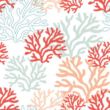 Red, pink and mint corals on the white background. Vector seamless pattern with tropical reef. Nautical doodles.