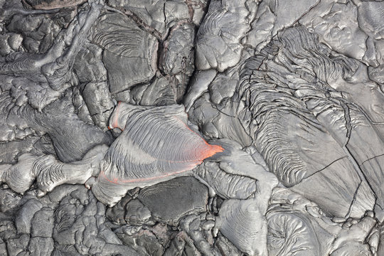Aerial view of flowing lava