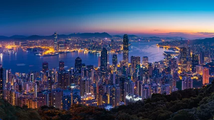 Foto op Plexiglas Panorama view before sunrise on Hong Kong Peak, Hong Kong © filmlandscape