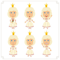 Vector set isolated funny princess different emotions. Collection little princess in cartoon style.