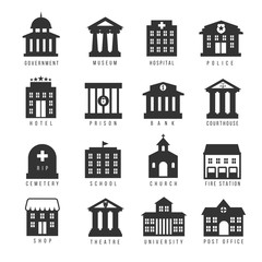 Government building icon set. Vector buildings like university, police office and city hall, hospital museum