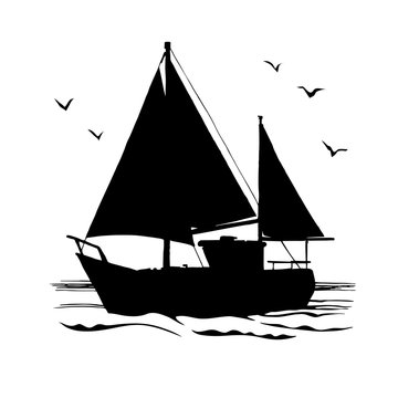  Yacht, sailboats and gull  silhouette