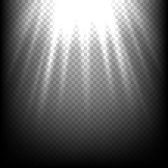 Light rays on black. Vector sunbeam scene transparent background