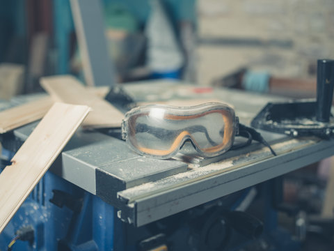 Safety goggles on table saw