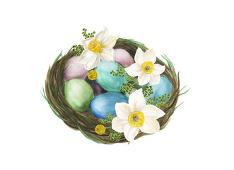 Easter nest with eggs and daffodils watercolor painting