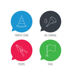 Colored speech bubbles. Flag, traffic cone and oil change icons. Pliers linear sign. Flat web buttons with linear icons. Vector