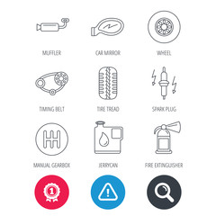 Achievement and search magnifier signs. Wheel, car mirror and timing belt icons. Fire extinguisher, jerrycan and manual gearbox linear signs. Muffler, spark plug icons. Hazard attention icon. Vector