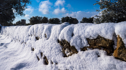 Muretto a secco innevato