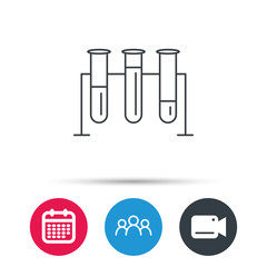 Laboratory bulbs icon. Chemistry analysis sign. Science or pharmaceutical symbol. Group of people, video cam and calendar icons. Vector
