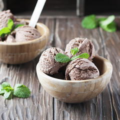Cold ice cream with chocolate and mint