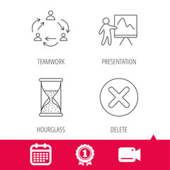 Achievement and video cam signs. Teamwork, presentation and hourglass icons. Delete or remove linear sign. Calendar icon. Vector