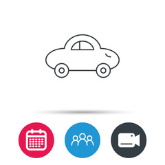 Baby car icon. Transport sign. Toy vehicle symbol. Group of people, video cam and calendar icons. Vector