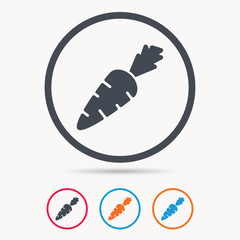 Carrot icon. Fresh natural vegetable symbol. Vegetarian food. Colored circle buttons with flat web icon. Vector