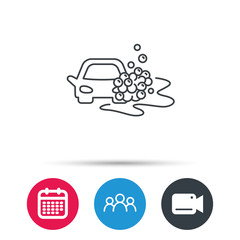 Car wash icon. Cleaning station sign. Foam bubbles symbol. Group of people, video cam and calendar icons. Vector